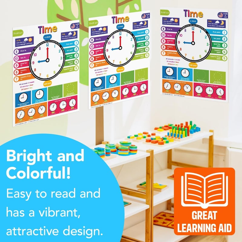 FoldCard Time Chart for Preschool to Grade 1 Kids – Learn How to Tell the Time – Colorful Educational Visual/Learning Aid Poster for Classroom or Home | Glossy Durable Cardstock | 8.5" x 11" | 5 per Pack - Image 5